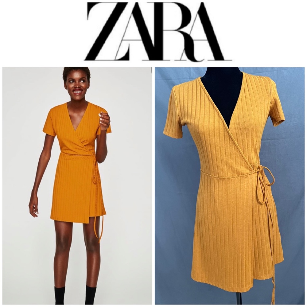 Zara Mustard Yellow Ribbed Wrap Mini Dress